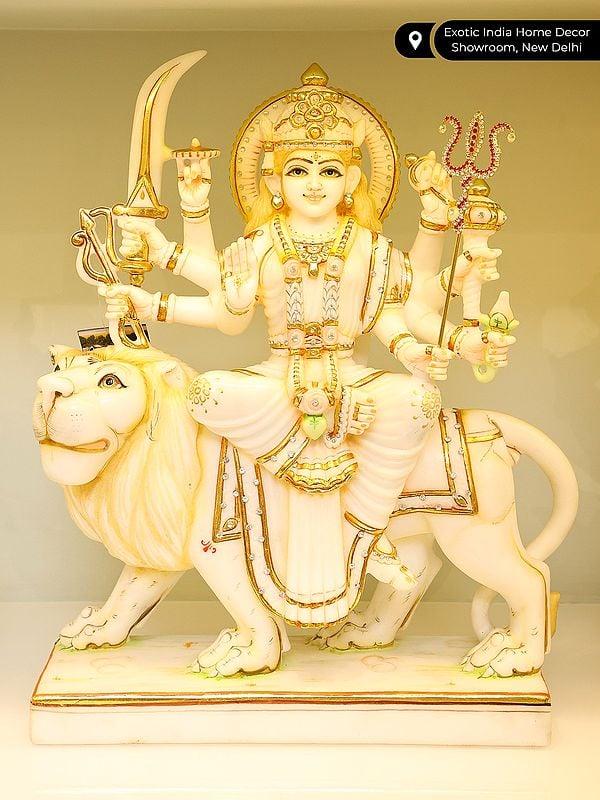 Exotic India 18" Ashtabhujadharini Goddess Durga (Sherawali Maa) | Marble Statue 