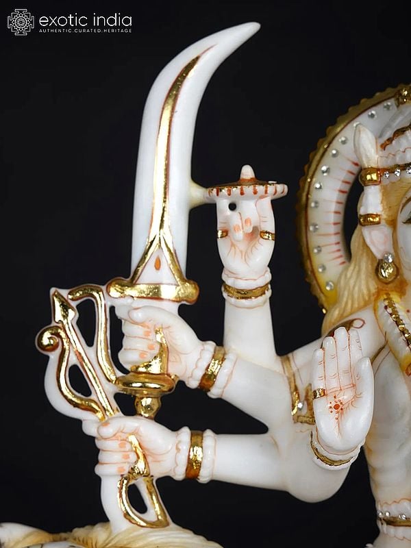 Exotic India 18" Ashtabhujadharini Goddess Durga (Sherawali Maa) | Marble Statue 
