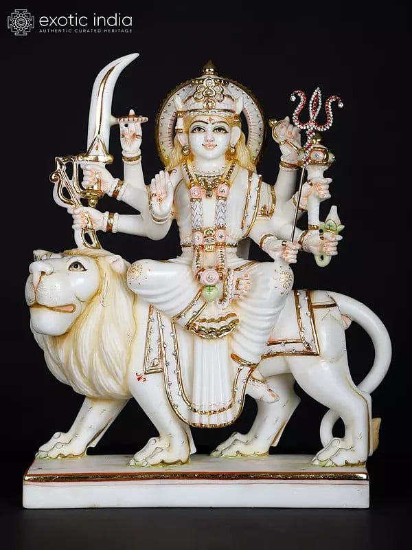 exotic india 18" Ashtabhujadharini Goddess Durga (Sherawali Maa) | Marble Statue 
