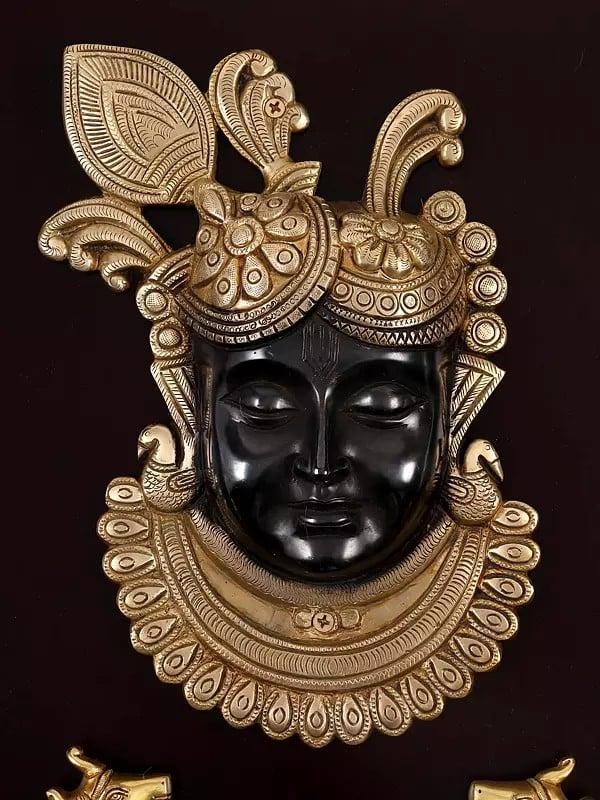 Exotic India 18" Brass Shrinath Ji With Two Cows | Framed Brass Sculpture | Wall Hanging 