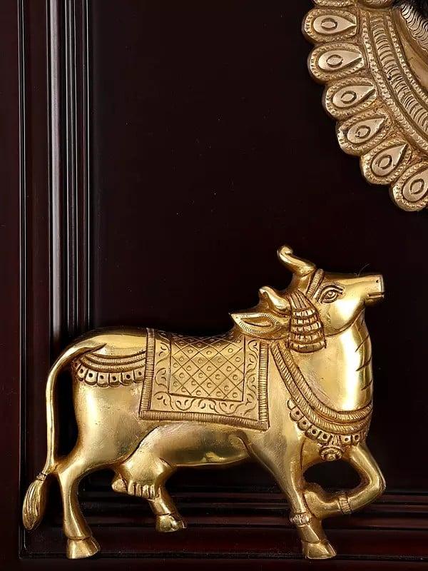 Exotic India 18" Brass Shrinath Ji With Two Cows | Framed Brass Sculpture | Wall Hanging 