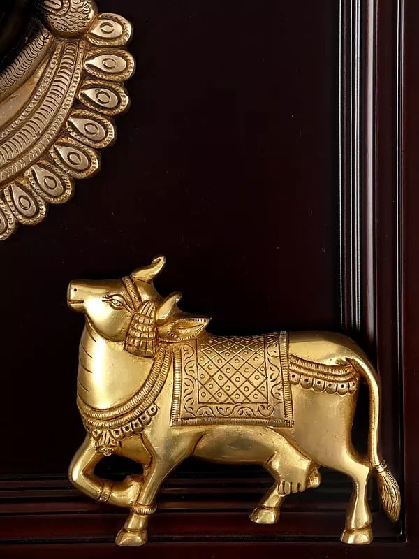Exotic India 18" Brass Shrinath Ji With Two Cows | Framed Brass Sculpture | Wall Hanging 