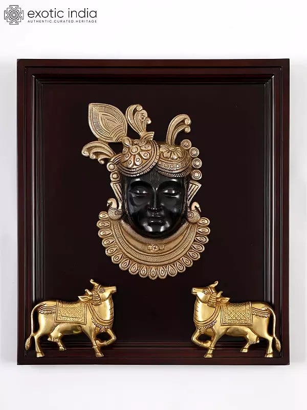 exotic india 18" Brass Shrinath Ji with Two Cows | Framed Brass Sculpture | Wall Hanging 