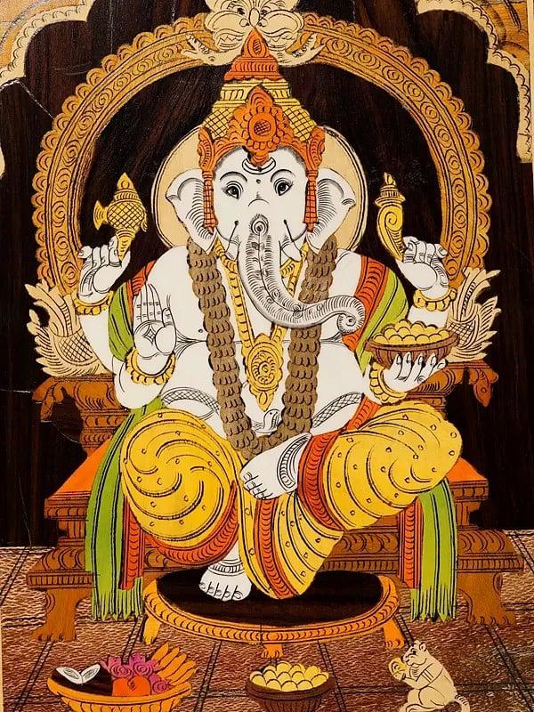 Exotic India 18" Chaturbhuja Lord Ganapati | Rosewood Panel With Inlay Work 