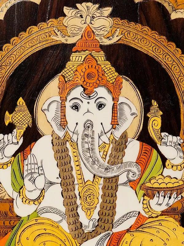 Exotic India 18" Chaturbhuja Lord Ganapati | Rosewood Panel With Inlay Work 