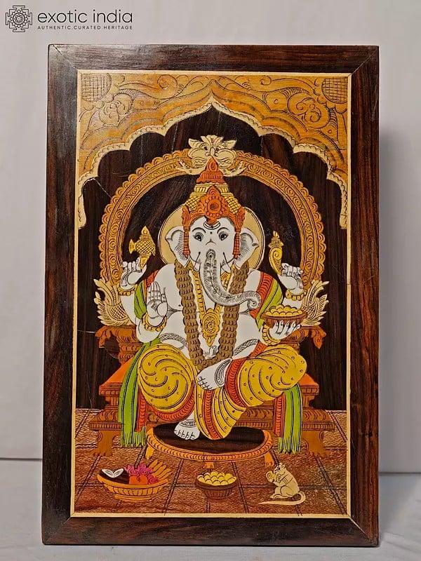 exotic india 18" Chaturbhuja Lord Ganapati | Rosewood Panel With Inlay Work 