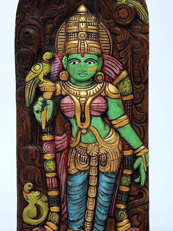 Exotic India 18" Colorful Goddess Meenakshi Wall Panel | Wood Carving 