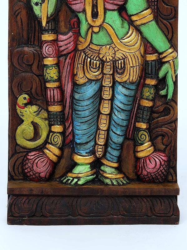 Exotic India 18" Colorful Goddess Meenakshi Wall Panel | Wood Carving 