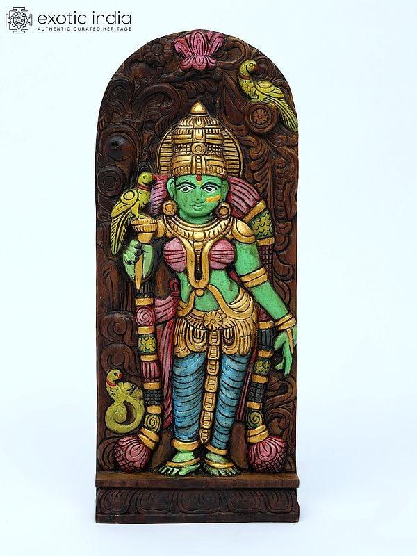 exotic india 18" Colorful Goddess Meenakshi Wall Panel | Wood Carving 