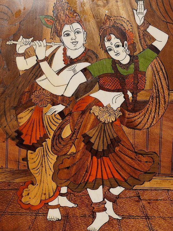 Exotic India 18" Dancing Posture Of Radha And Krishna | Rosewood Panel With Inlay Work 