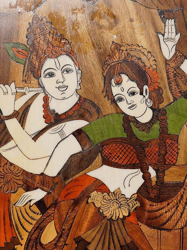 Exotic India 18" Dancing Posture Of Radha And Krishna | Rosewood Panel With Inlay Work 