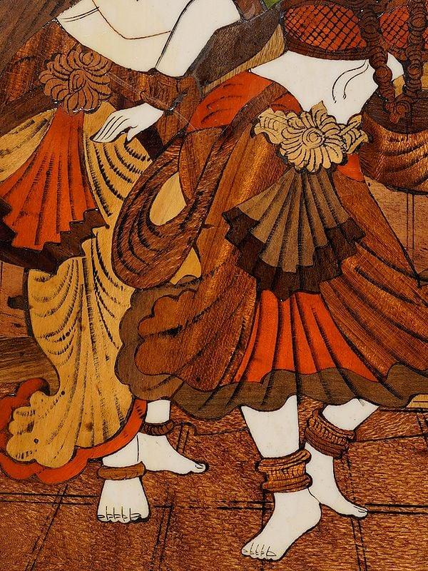 Exotic India 18" Dancing Posture Of Radha And Krishna | Rosewood Panel With Inlay Work 