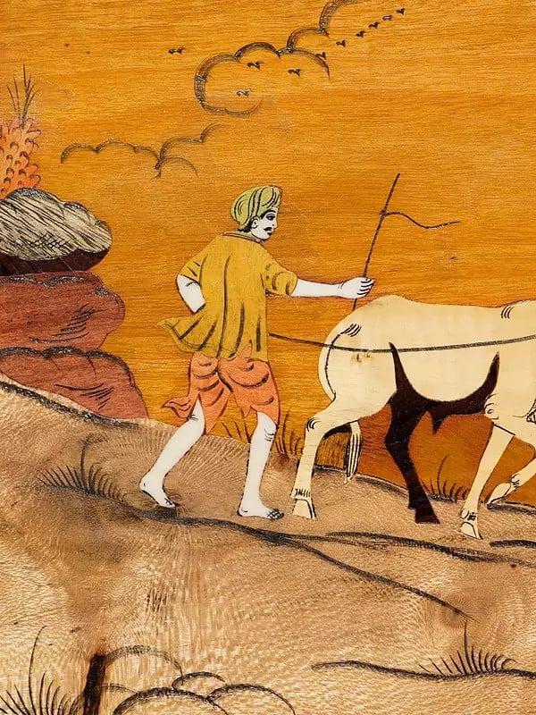 Exotic India 18" Farmer With Cow | Rosewood Panel With Inlay Work 