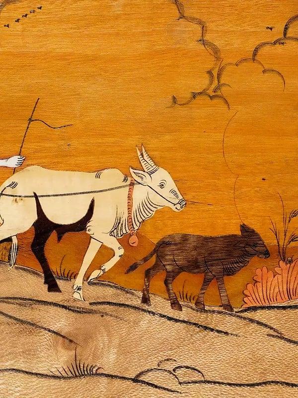 Exotic India 18" Farmer With Cow | Rosewood Panel With Inlay Work 