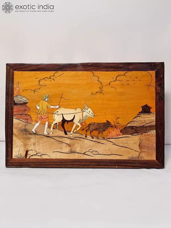 exotic india 18" Farmer With Cow | Rosewood Panel With Inlay Work 