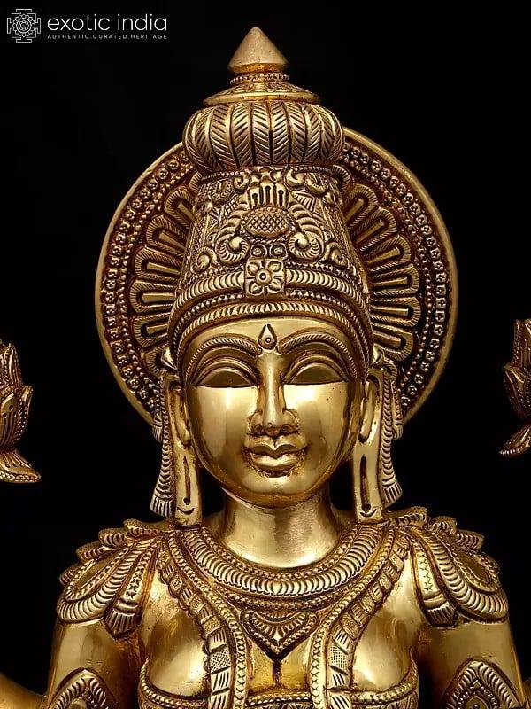 Exotic India 18" Four Armed Blessing Devi Lakshmi - Goddess Of Wealth Fortune And Prosperity | Brass Statue 