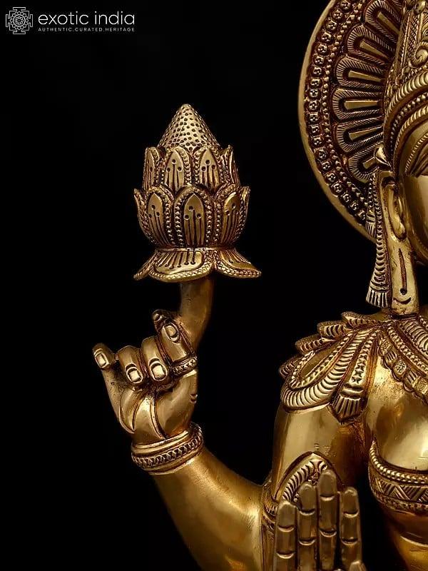 Exotic India 18" Four Armed Blessing Devi Lakshmi - Goddess Of Wealth Fortune And Prosperity | Brass Statue 
