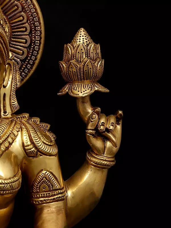 Exotic India 18" Four Armed Blessing Devi Lakshmi - Goddess Of Wealth Fortune And Prosperity | Brass Statue 