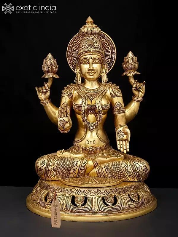 exotic india 18" Four Armed Blessing Devi Lakshmi - Goddess of Wealth Fortune and Prosperity | Brass Statue 