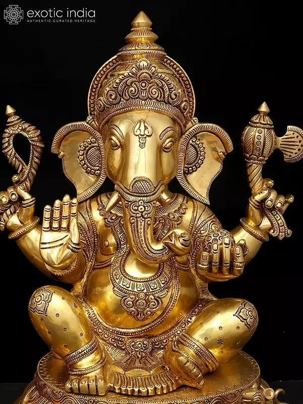 Exotic India 18" Four Armed Blessing Lakshmi - Ganesha Pair | Brass Statues 