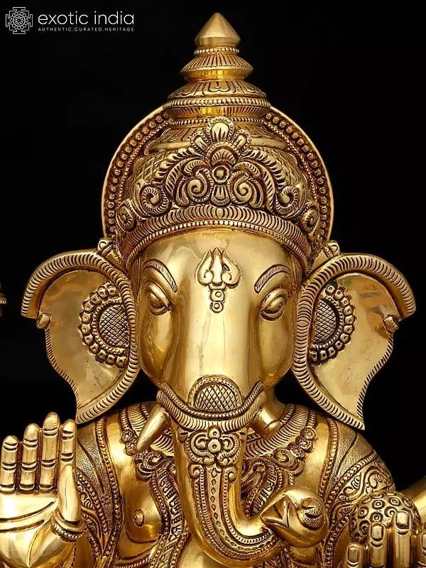 Exotic India 18" Four Armed Blessing Lakshmi - Ganesha Pair | Brass Statues 