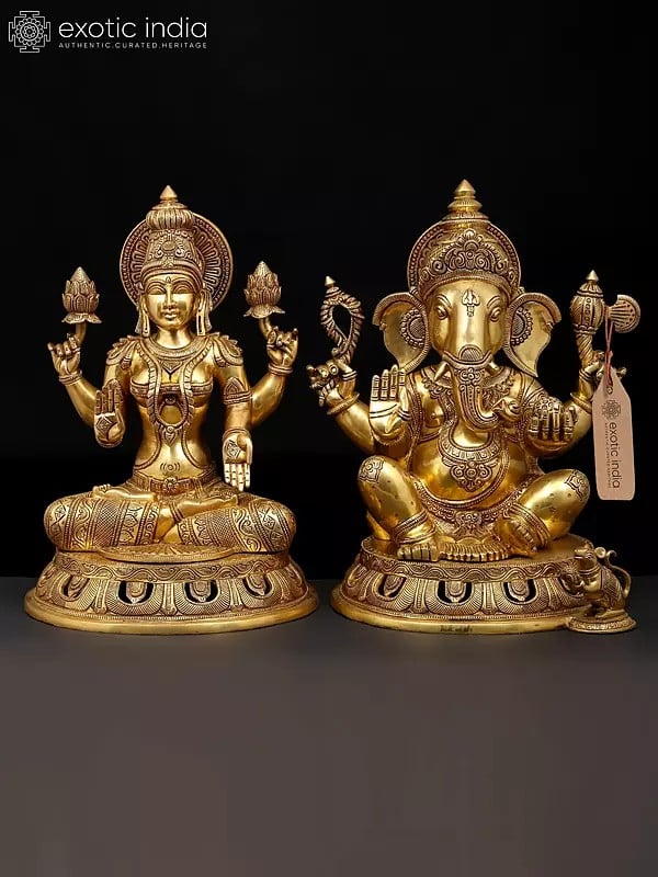 exotic india 18" Four Armed Blessing Lakshmi - Ganesha Pair | Brass Statues 