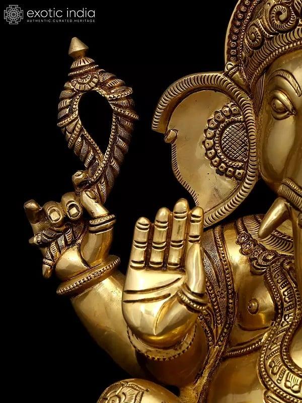 Exotic India 18" Four Armed Blessing Lord Ganesha | Brass Idol 