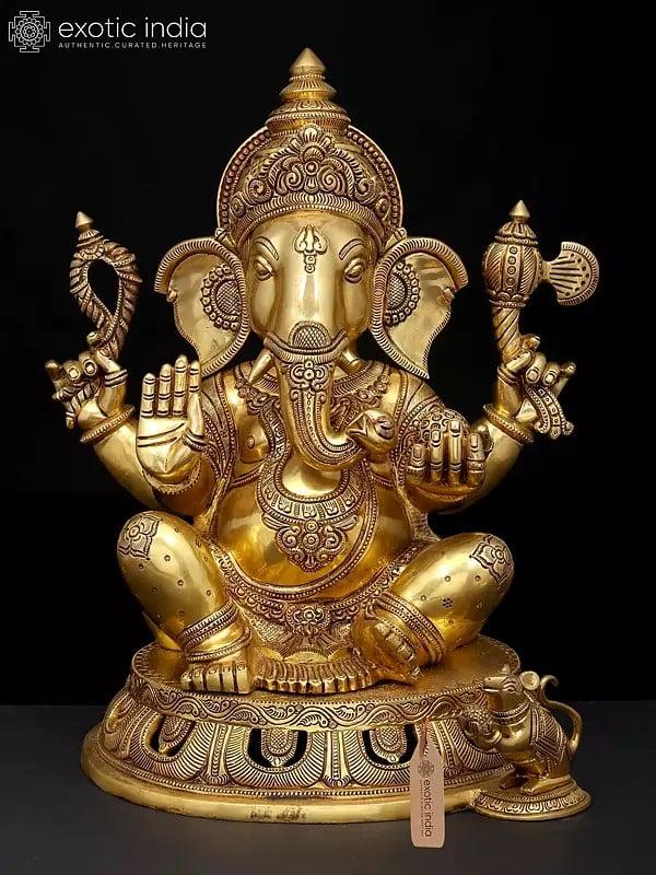 exotic india 18" Four Armed Blessing Lord Ganesha | Brass Idol 