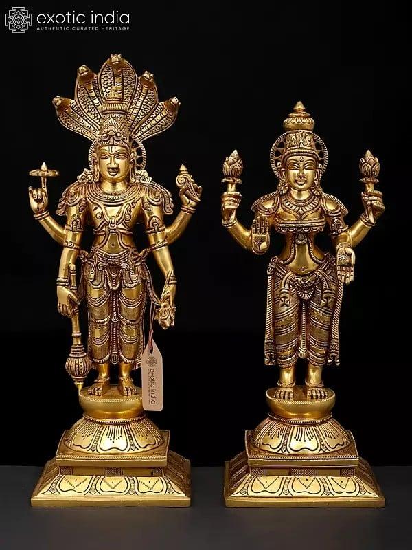 exotic india 18" Four Armed Standing Lakshmi Narayan (Vishnu Lakshmi) Pair | Brass Statues 