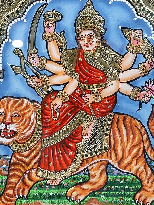 Exotic India 18" Goddess Durga (Sherawali Maa) Framed Tanjore Painting 