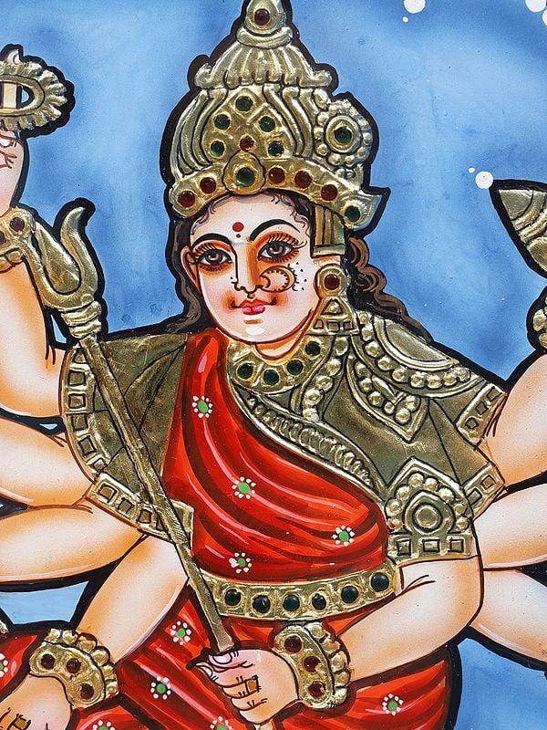 Exotic India 18" Goddess Durga (Sherawali Maa) Framed Tanjore Painting 