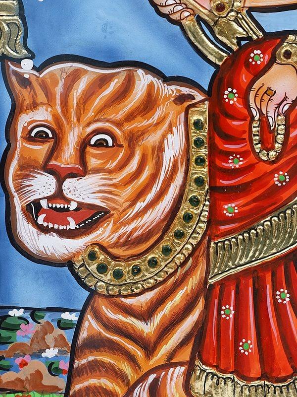 Exotic India 18" Goddess Durga (Sherawali Maa) Framed Tanjore Painting 