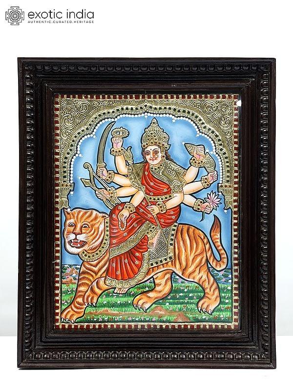 exotic india 18" Goddess Durga (Sherawali Maa) Framed Tanjore Painting 