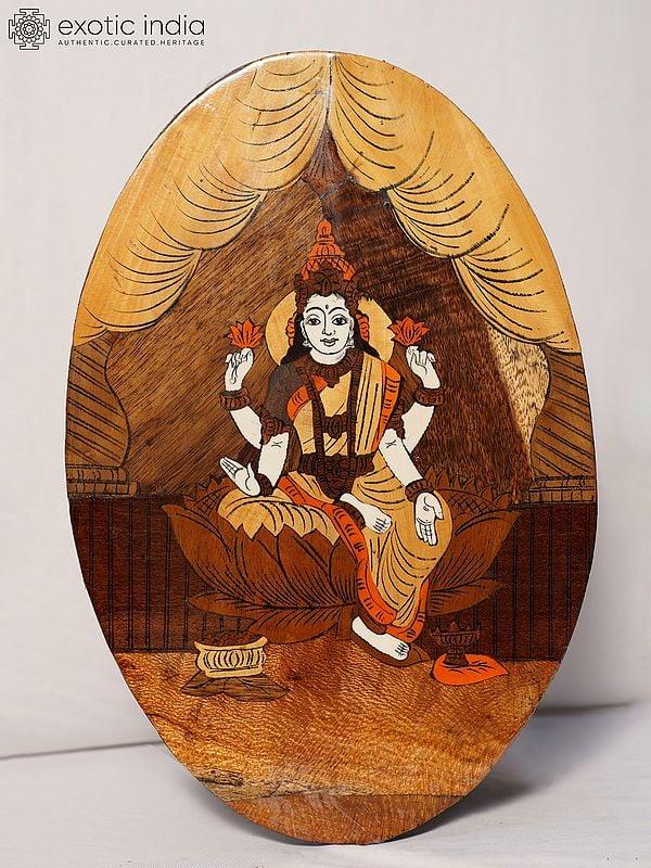 exotic india 18" Goddess Lakshmi Seated In Blessing Posture | Rosewood Panel With Inlay Work 