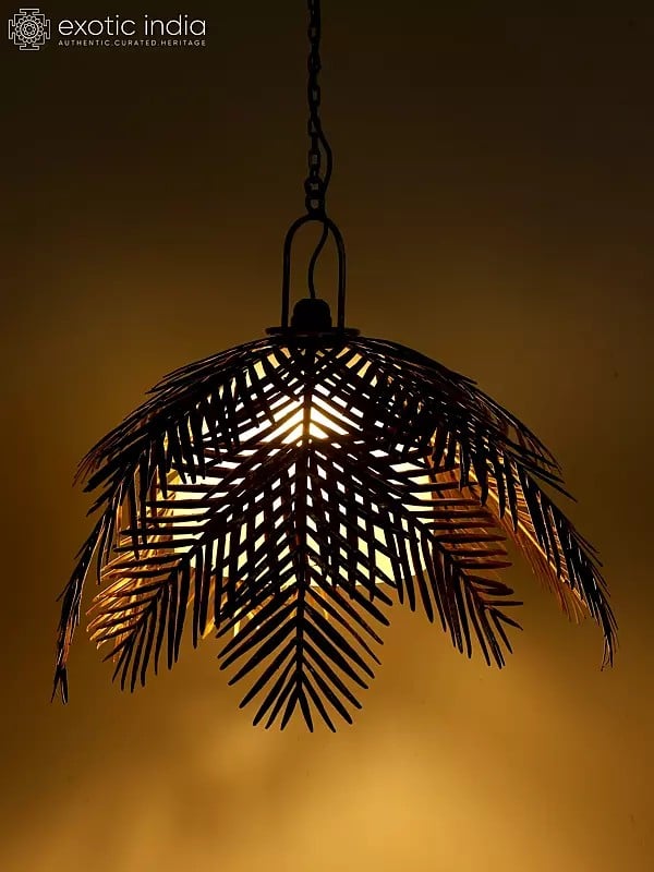 Exotic India 18" Golden Leaves Design Ceiling Hanging Lamp | Home Decor