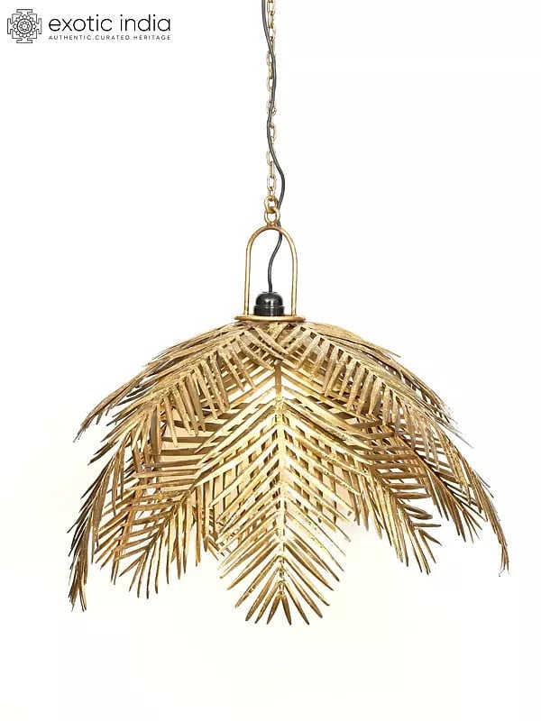 Exotic India 18" Golden Leaves Design Ceiling Hanging Lamp | Home Decor