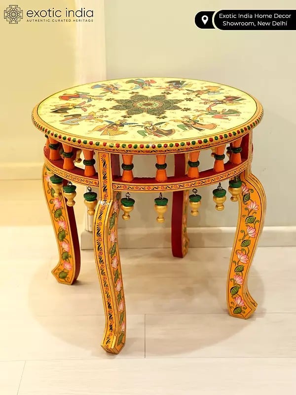 Exotic India 18" Hand-Painted Round Shaped Chowki (Pedestal) 
