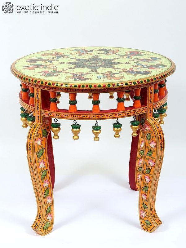 exotic india 18" Hand-Painted Round Shaped Chowki (Pedestal)