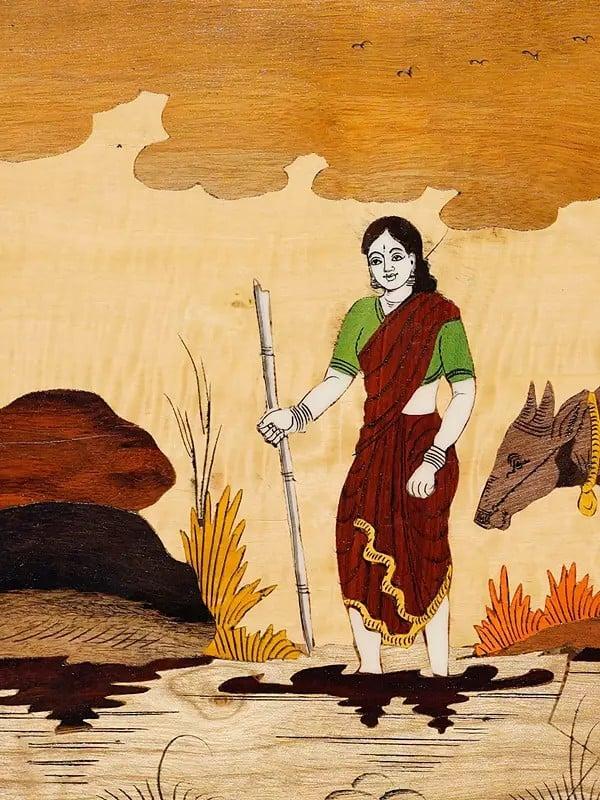 Exotic India 18" Lady Shepherd In The Village | Rosewood Panel With Inlay Work 