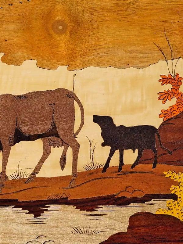 Exotic India 18" Lady Shepherd In The Village | Rosewood Panel With Inlay Work 