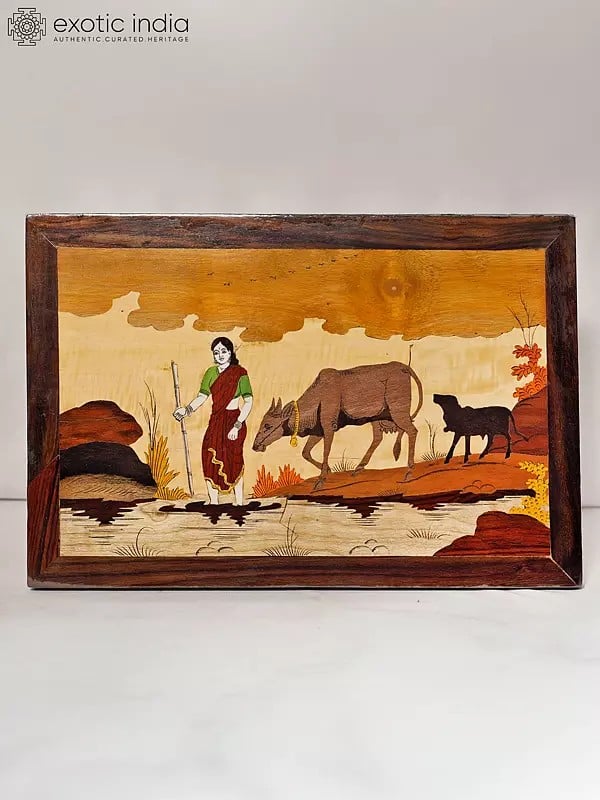 exotic india 18" Lady Shepherd In The Village | Rosewood Panel With Inlay Work 