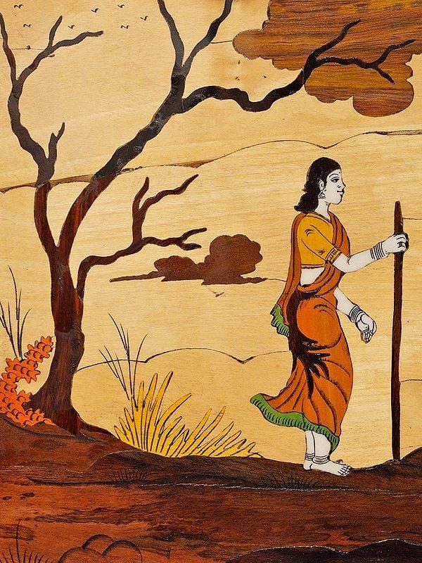 Exotic India 18" Lady Shepherd With Cows | Rosewood Panel With Inlay Work 