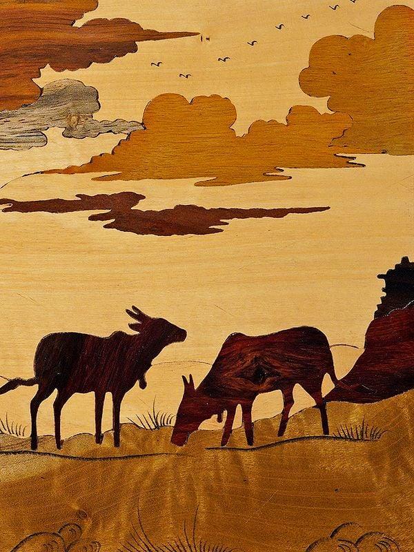 Exotic India 18" Lady Shepherd With Cows | Rosewood Panel With Inlay Work 