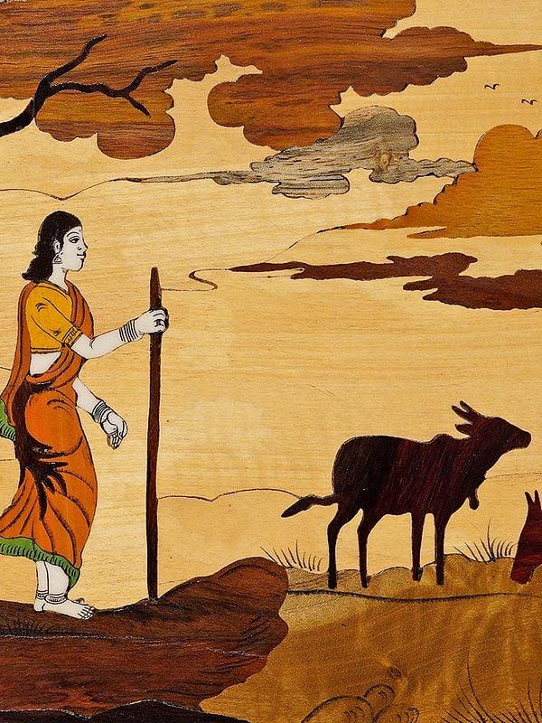Exotic India 18" Lady Shepherd With Cows | Rosewood Panel With Inlay Work 