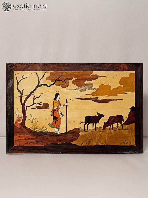 exotic india 18" Lady Shepherd With Cows | Rosewood Panel With Inlay Work 