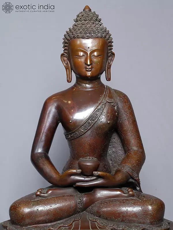 Exotic India 18" Lord Amitabha Buddha Statue On Pedestal In Copper Gold Plated From Nepal | Handmade Statue 