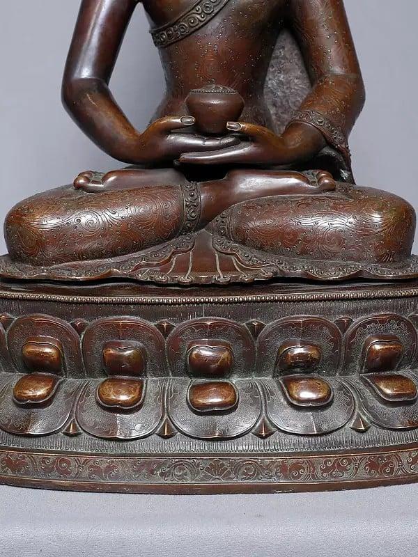 Exotic India 18" Lord Amitabha Buddha Statue On Pedestal In Copper Gold Plated From Nepal | Handmade Statue 