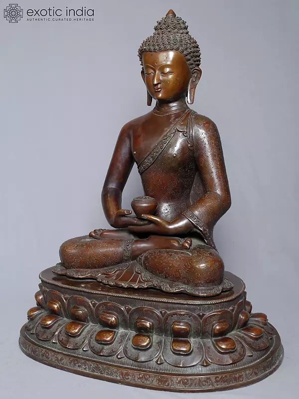Exotic India 18" Lord Amitabha Buddha Statue On Pedestal In Copper Gold Plated From Nepal | Handmade Statue 