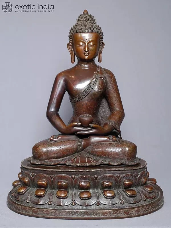 exotic india 18" Lord Amitabha Buddha Statue On Pedestal In Copper Gold Plated From Nepal | Handmade Statue 