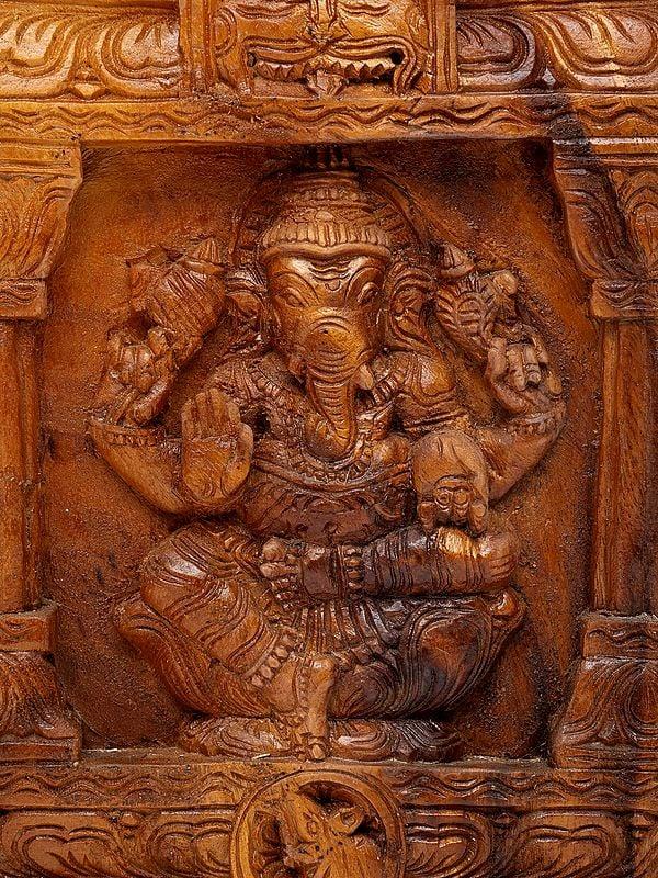 Exotic India 18" Lord Ganesha Kavadi Wall Panel | Wood Carving From South India 